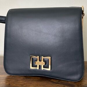 Authentic Salvatore Ferragamo Studio Box Navy Leather Gold Gancio Med EUC